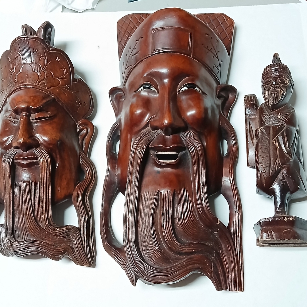 Vintage Chinese Handcarved Wooden Male Mask & Figure Lot Laughing Man Fisherman